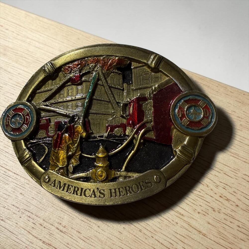 Vintage 1987 CJ Firefighter Belt Buckle Americas Heroes Made in USA